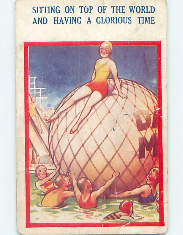 Bamforth Comic Risque Woman In Bathing Suit On Top Of Giant Beach Ball Hl3141 Topics Risque 5078