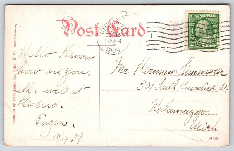 Utica New York~Genesee St View~City Hall Bldg~Storefronts~Awning~1909 Postcard