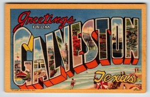 Greetings From Galveston Texas Beach Town Large Letter Linen Postcard Curt Teich