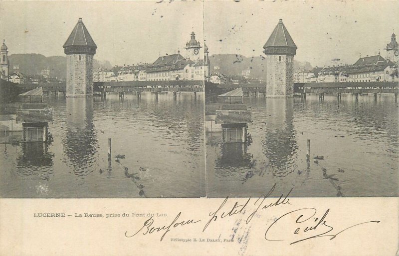 Postcard Stereographic image Switzerland Suisse Lucerne fortress and lake bridge