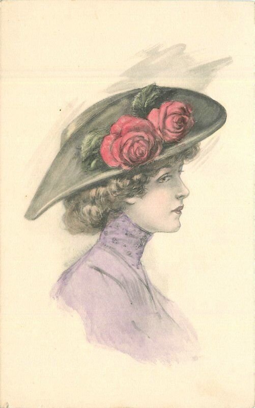 C-1910 Pretty Woman Fashion Big Hat hand colored Postcard 22-8069 