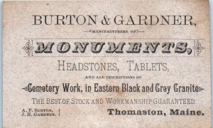 1880s Burton & Gardner Cemetery Work Headstones Thomaston ME Business Card Ad