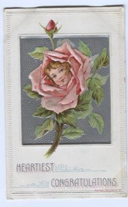 Postcard Art Nouveau Fantasy Rose Flower Human Woman Face