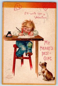 Valentine Postcard Little Boy Writing Puppy Dog My Hearts Best Gift Clapsaddle