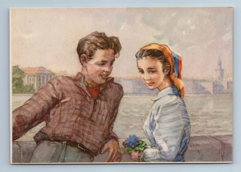 1956 TEEN BOY n GIRL Spring Socialist Date by Ostrova RARE Soviet USSR Postcard