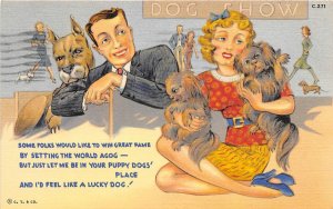 G7/ Comic Dog Show Postcard 1940 man Woman Prized Dogs Pets