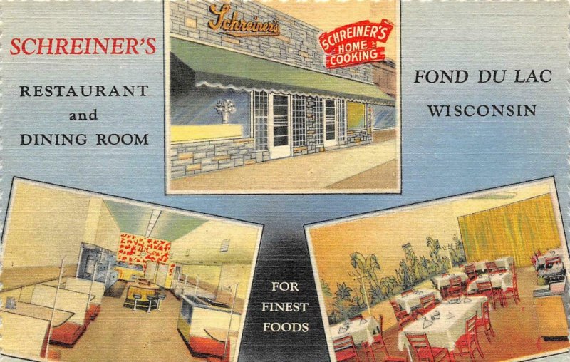 SCHREINER'S Fond Du Lac, WI Restaurant Roadside c1940s Linen Vintage Postcard