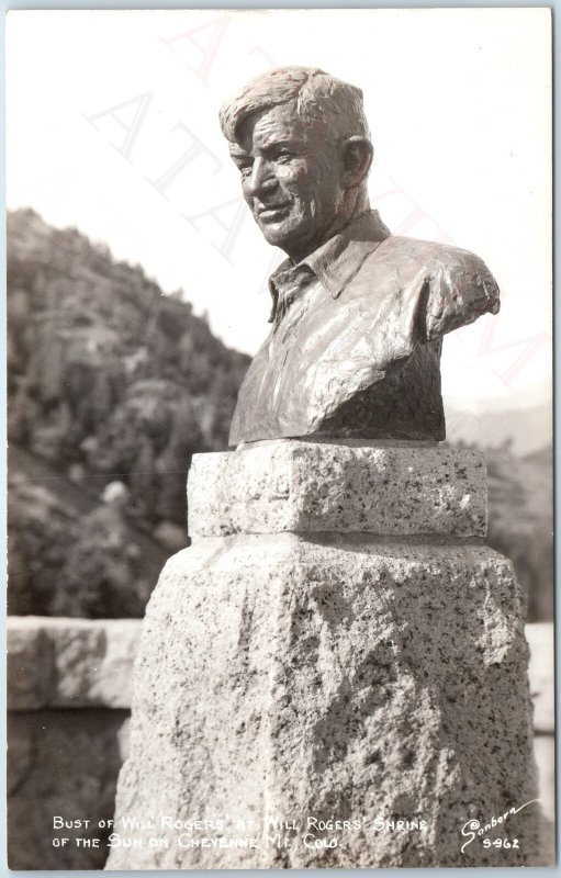 c1930s Cheyenne Mt CO Will Rogers Shrine RPPC Bronze Bust Monument Man Statue A6