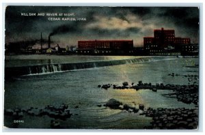 c1910 Mill Dam River Night Moon Exterior Building Cedar Rapids Iowa IA Postcard