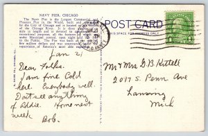 Chicago Illinois~Navy Pier Birds Eye View~Flag~Sailboat~Cars~Linen 1935 Postcard