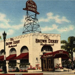 1931 Brown Derby Restaurant Postcard Beverly Hills Wilshire Blvd Los Angeles CA