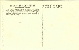 Vintage postcard, Deane Shop and Forge, Williamsburg, Virginia 