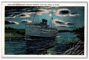 1934 New York-Boston Boat Passing Through Cape Cod Canal at Moonlight Postcard 