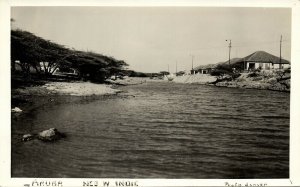 aruba, N.W.I., River Scene with Houses (1940s) RPPC Postcard