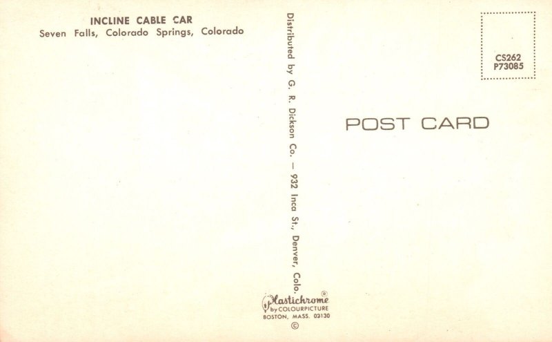 Vintage Postcard Incline Cable Car Seven Falls Colorado Springs Colorado Colo.