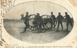 ARTILLERY RACE CHANGING SPARE WHEEL 1906 UNDIVIDED ANTIQUE POSTCARD 