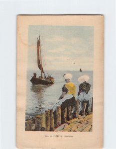 Postcard Fishermen on a Fishing Boat with Two Dutch Women Waiting