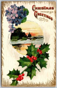Vtg Christmas Greetings Holly Berries Winter Scene Embossed 1910s Postcard