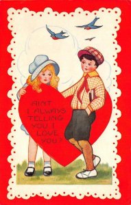 Valentine's Day Greetings Children Heart Romance Art Deco 1920s Vintage Postcard