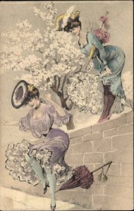 Verlag Art Nouveau Fantasy Beautiful Women Jumping Over Wall c1910 Postcard