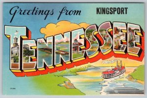 GREETINGS FROM KINGSPORT TENNESSEE VINTAGE LARGE LETTER LINEN POSTCARD