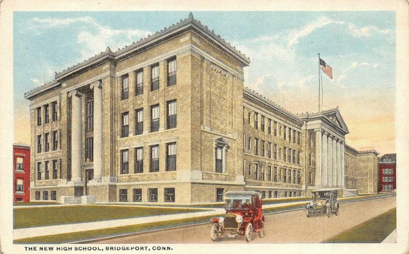 BRIDGEPORT, CT Connecticut  NEW HIGH SCHOOL  Early Automobiles  c1920's Postcard