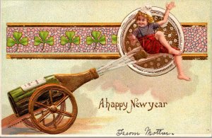 New Year Postcard Champagne Cannon Popping Cork at Boy, Clovers