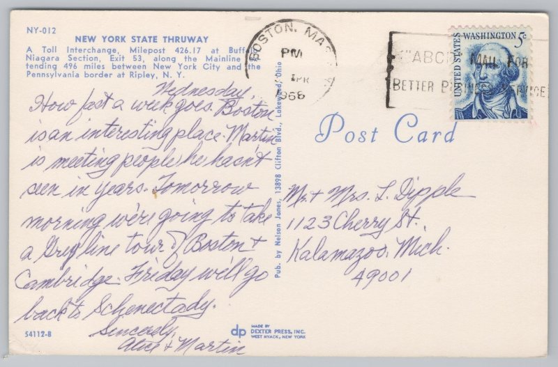 New York State Thruway~Toll Interchange~Buffalo & Niagara Falls~PM 1956 Postcard