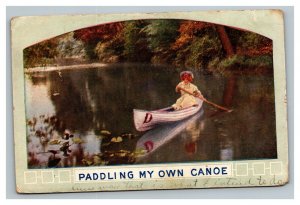 Vintage 1909 Postcard Woman on Lake Paddling My Own Canoe