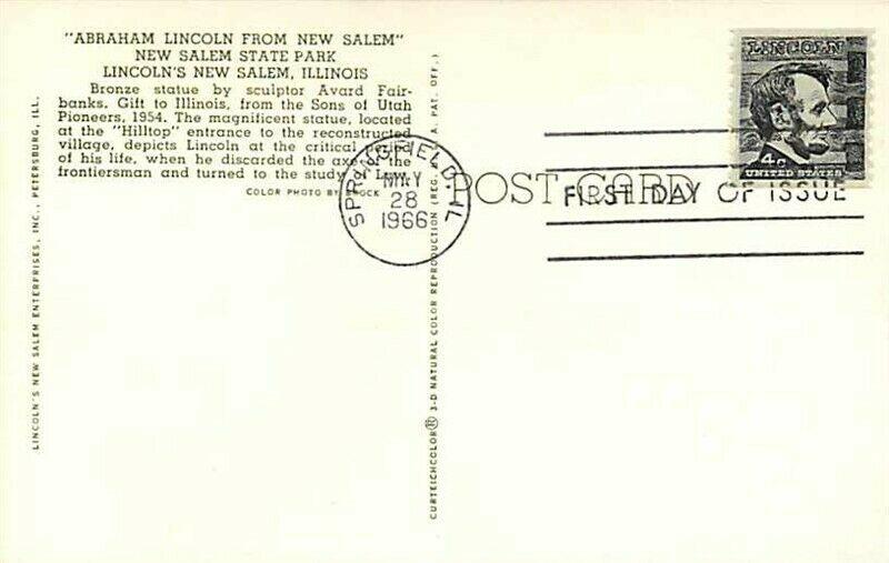 IL, New Salem, Illinois, Avard Fairbanks, Statue, First Day of Issue, Lincoln 4c