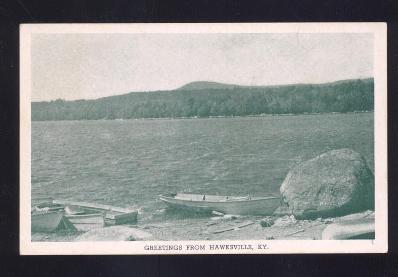 GREETINGS FROM HAWESVILLE KENTUCKY BOATING LAKE BIG ROCK VINTAGE POSTCARD KY.