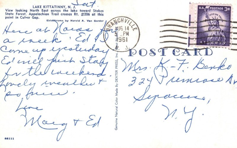 Vintage Postcard 1961 View Looking North East Lake Kittatinny New