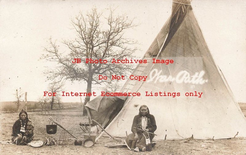 Native American Indians, RPPC, Couple Sitting by Tee Pee, War Path, Photo
