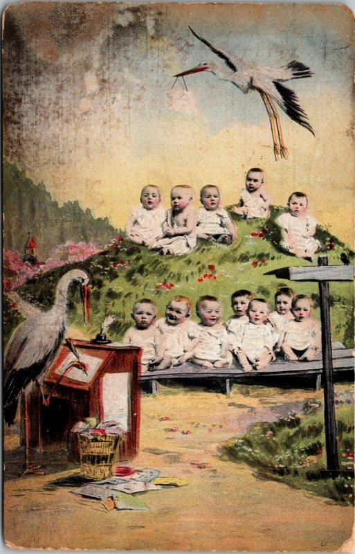 RARE - BABIES ON HILL - SCHOOL STORKS ANTIQUE POSTCARD - VINTAGE POSTED