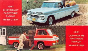 1961 CHEVROLET FLEETSIDE PICKUP TRUCK & CORVAIR 95 RAMPSIDE ADVERTISING POSTCARD