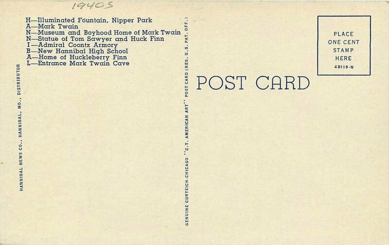 Hannibal Missouri Large Letters Multi View Teich 1940s Postcard 21-90