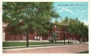 Vintage Postcard 1932 High School Campus Building Street View Belvidere Illinois