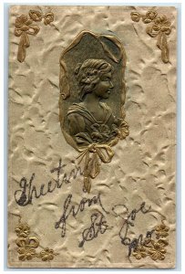 St. Joe Missouri Postcard Greetings Woman Embossed Ribbon c1910 Vintage Antique