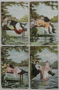 Three Couples On Pier Hold Each Other Over Water - Vintage Postcard Series