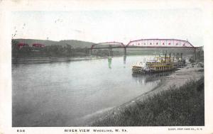 Wheeling West Virginia birds eye view bridge river large boat antique pc Y13747