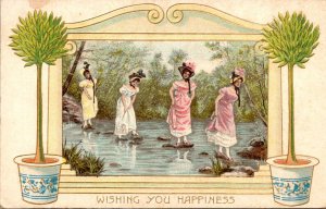 Beautiful Ladies Crossing Strean Wishing You Happiness