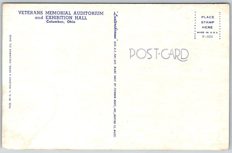 Columbus Ohio 1950s Postcard Veteran Memorial Auditorium