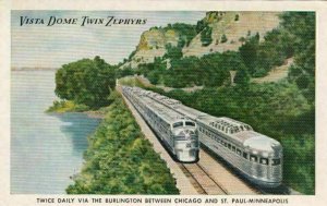 Postcard Railroad Vista Dome Twin Zephyrs Burlington Chicago St Paul Minneapolis