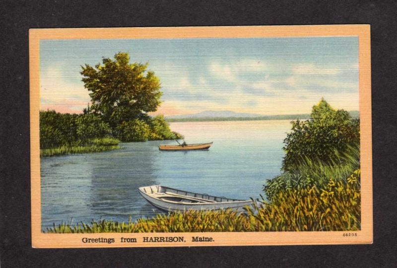 ME Greetings From Harrison Maine Linen Postcard Boats