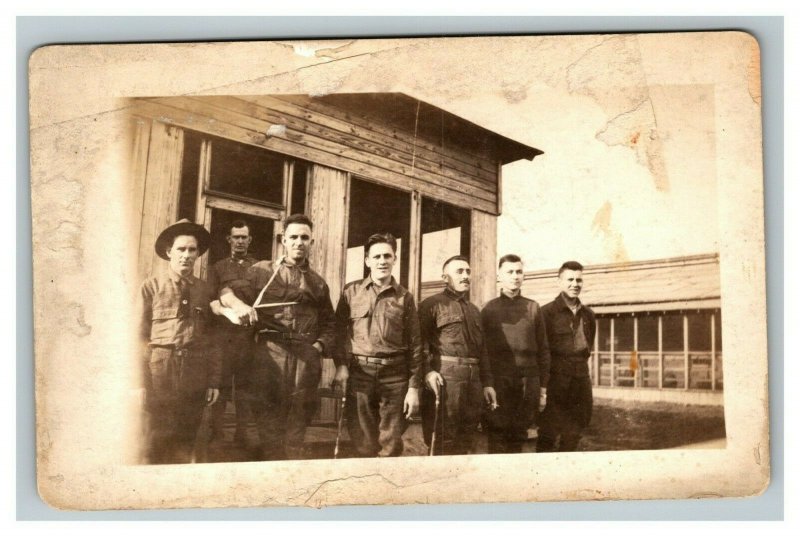 Vintage 1910's RPPC Postcard Group of Soldiers Outside Medical Barracks?