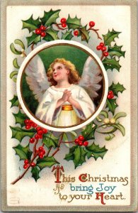 Christmas Brings Joy, Angel with Holly, Embossed Clapsaddle c1911 Postcard N56