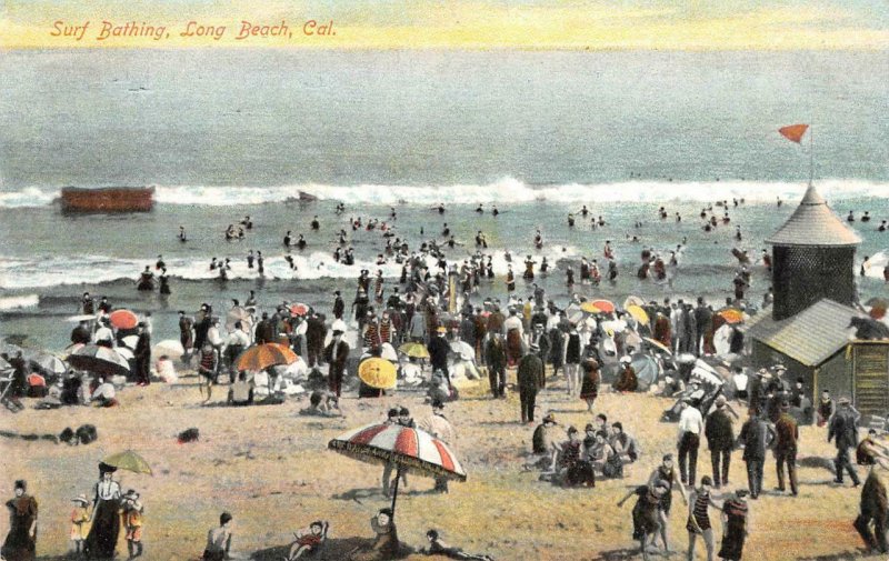 Surf Bathing, Long Beach, California Beach Scene c1910s Vintage Postcard