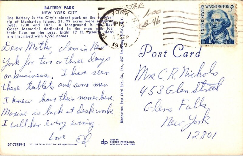 Battery Park New York City Nyc Manhattan Island Wob Note 1969 Pm Postcard 