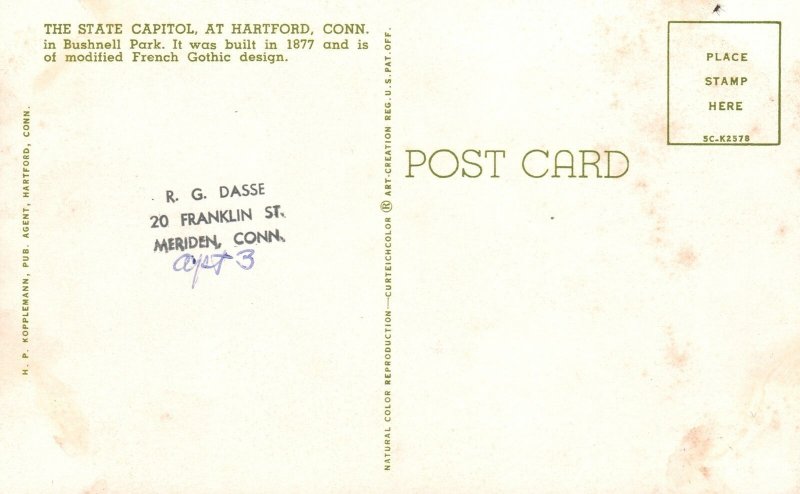 Vintage Postcard State Capitol Bushnell Park French Gothic Hartford Connecticut
