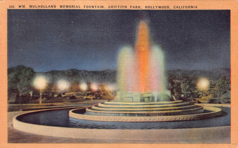 Mulholland Memorial Fountain, Griffith Park, Hollywood, CA, Early Postcard, Used